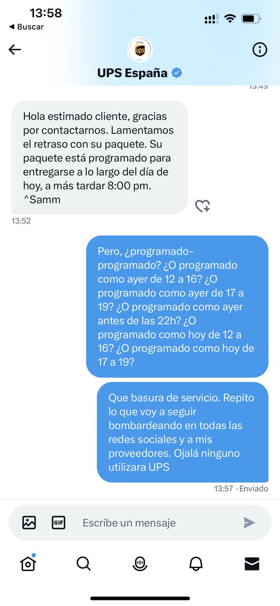 EduLalanda's tweet photo. @UPS_ES Como buenos community managers, los de @UPS_ES intentan llevarse los problemas a privado. No han debido leer el capítulo 2: Cuando te llevas a un cliente a privado, debes resolver su problema, no repetirle la milonga que ya sabe #upsestafa https://t.co/yFSKUuuNgX