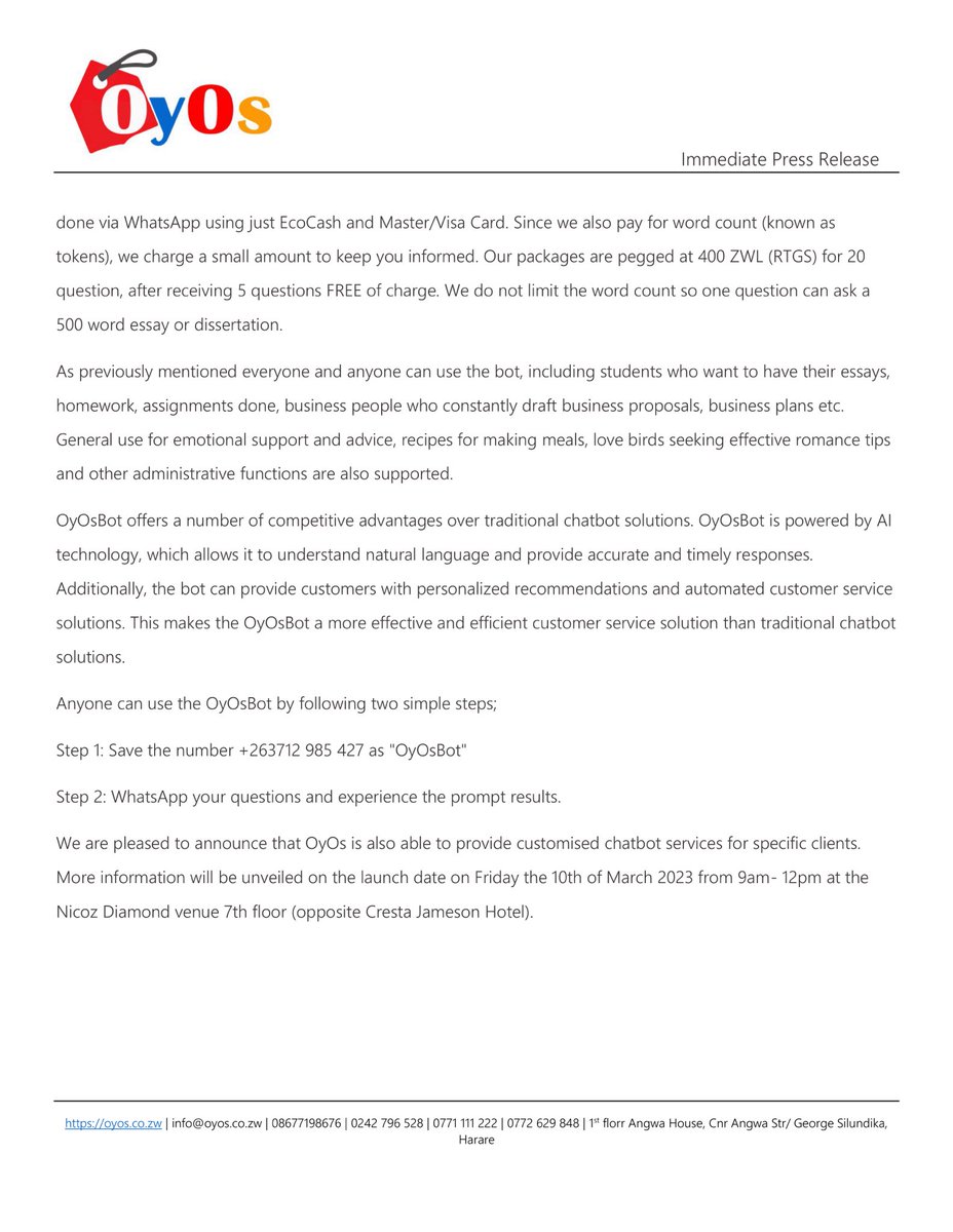 oyosonline's tweet photo. Press release for OyOs Chatbot Service.

#OyOsBot #OyOs #ai #chatbot #whatsapp #questions #ArtificialIntelligence #openai #zimtechnology #technology https://t.co/hJiaz0hmk5