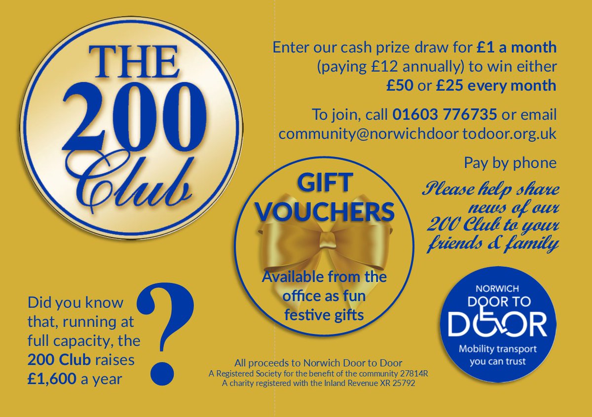 Congratulations to Door to Door passengers, Mary and Zoe. To be in with a chance of winning £50 and £25 monthly, sign up here norwichdoortodoor.org.uk/200-club-entry… or call 01603 776735.