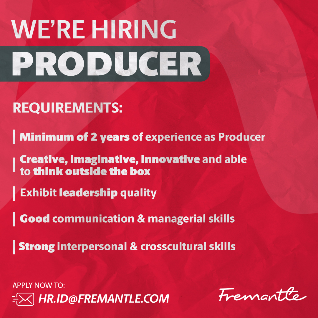 Fremantle Indonesia (@fremantle_id) on Twitter photo 📢 We are Hiring
Interested ones please drop your CV at hr.id@fremantle.com 📩
Kindly connect us with the deserving candidates ✨
#recruiting #urgenthiring #jobvacancy #vacancy #jobalert #Producer #ExecutiveProducer 📢 We are Hiring
Interested ones please drop your CV at hr.id@fremantle.com 📩
Kindly connect us with the deserving candidates ✨
#recruiting #urgenthiring #jobvacancy #vacancy #jobalert #Producer #ExecutiveProducer