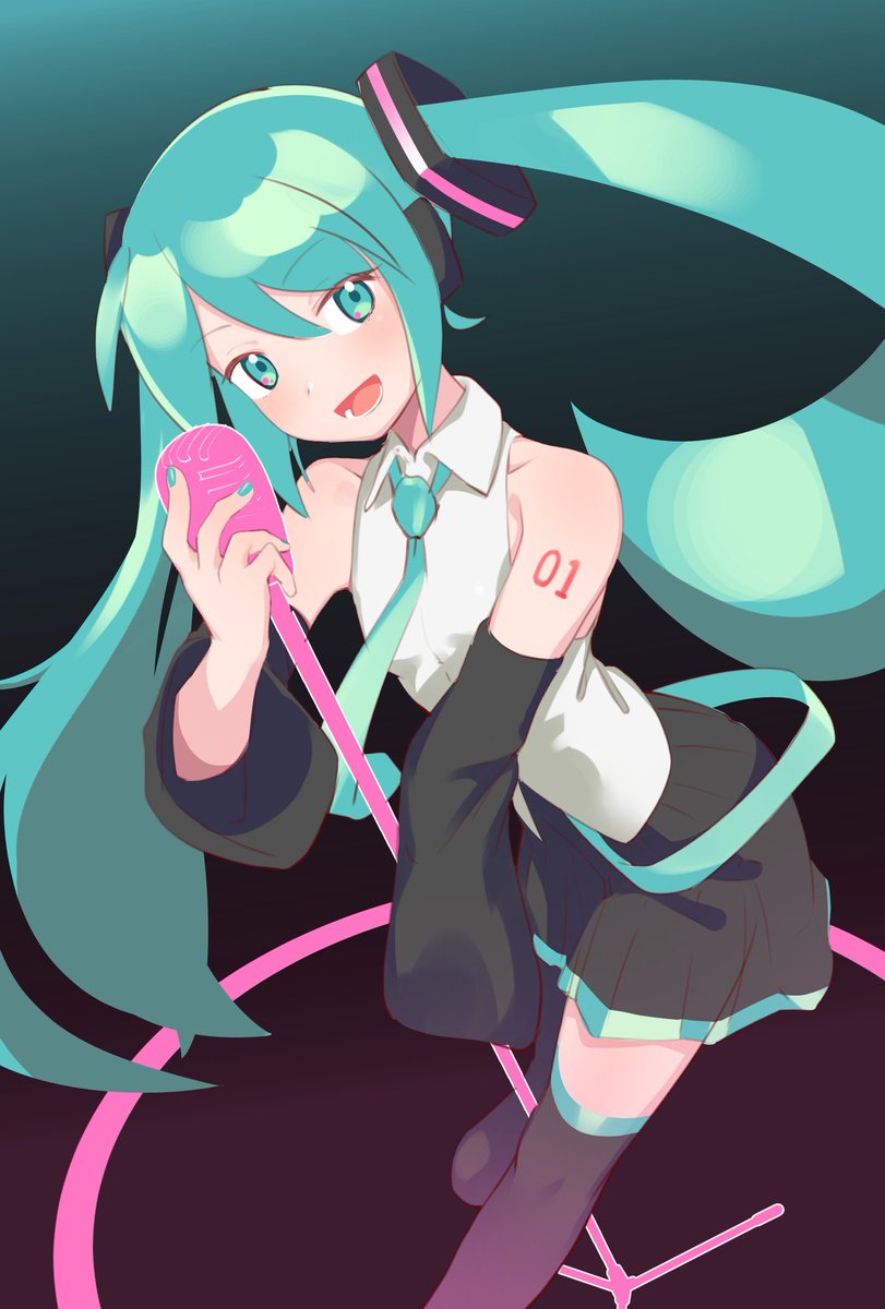 hatsune miku 1girl solo long hair microphone twintails skirt detached sleeves  illustration images