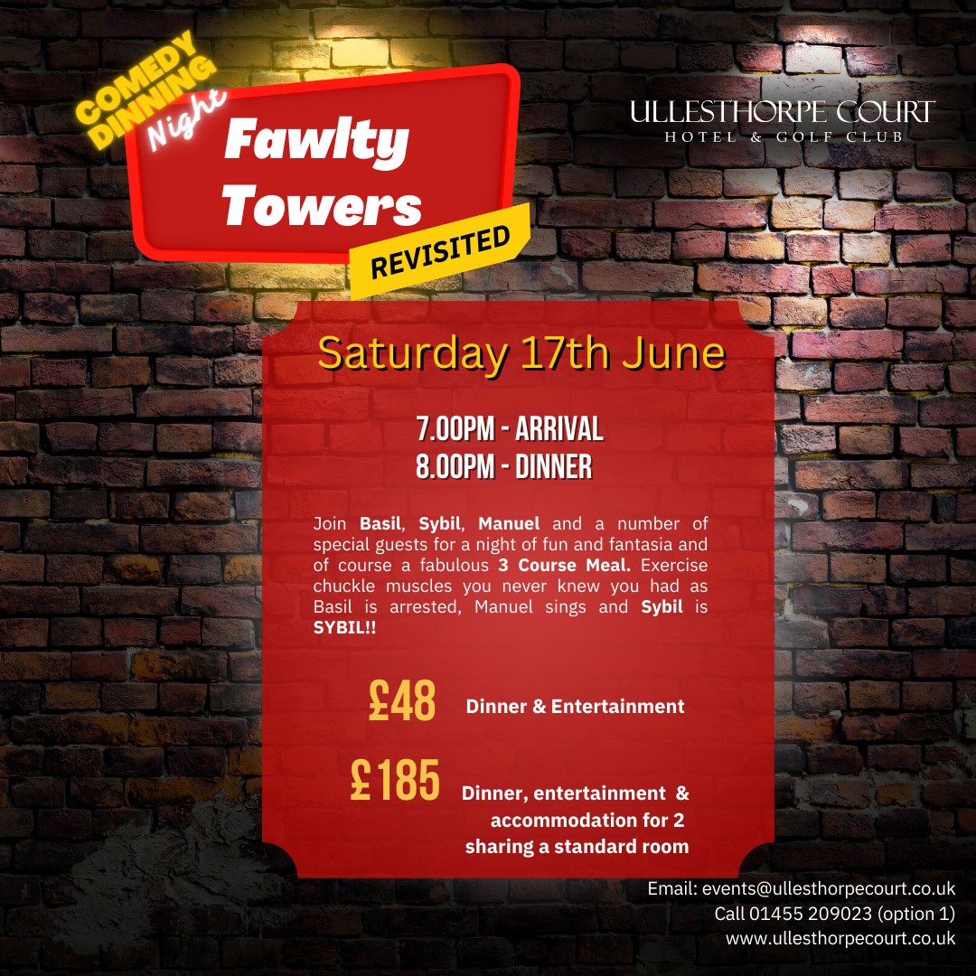 BWUllesthorpe's tweet photo. Comedy Dining is back with Fawlty Towers Revisited 🍽. Exercise chuckle muscles 🤣 you never knew you had as Basil is arrested, Manuel sings and Sybil is SYBIL!! 😂Saturday 17th June
£48 pp - 3 course meal &amp; entertainment
☎ 014550 209023 (option 1) https://t.co/2V02F0DTJc