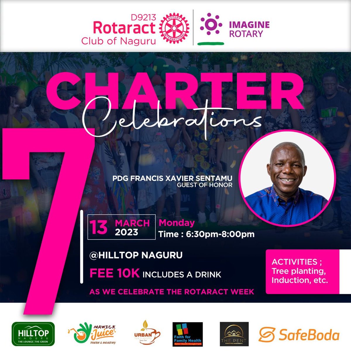 As we celebrate the #RotaractWeek2023 , join us for our 7th Charter Celebrations with @xsentamu at our usual venue . We shall have activities like tree planting , induction of new members among others. Come celebrate with us . #ImagineRotary #NaguruAt7 @RotaractD9213