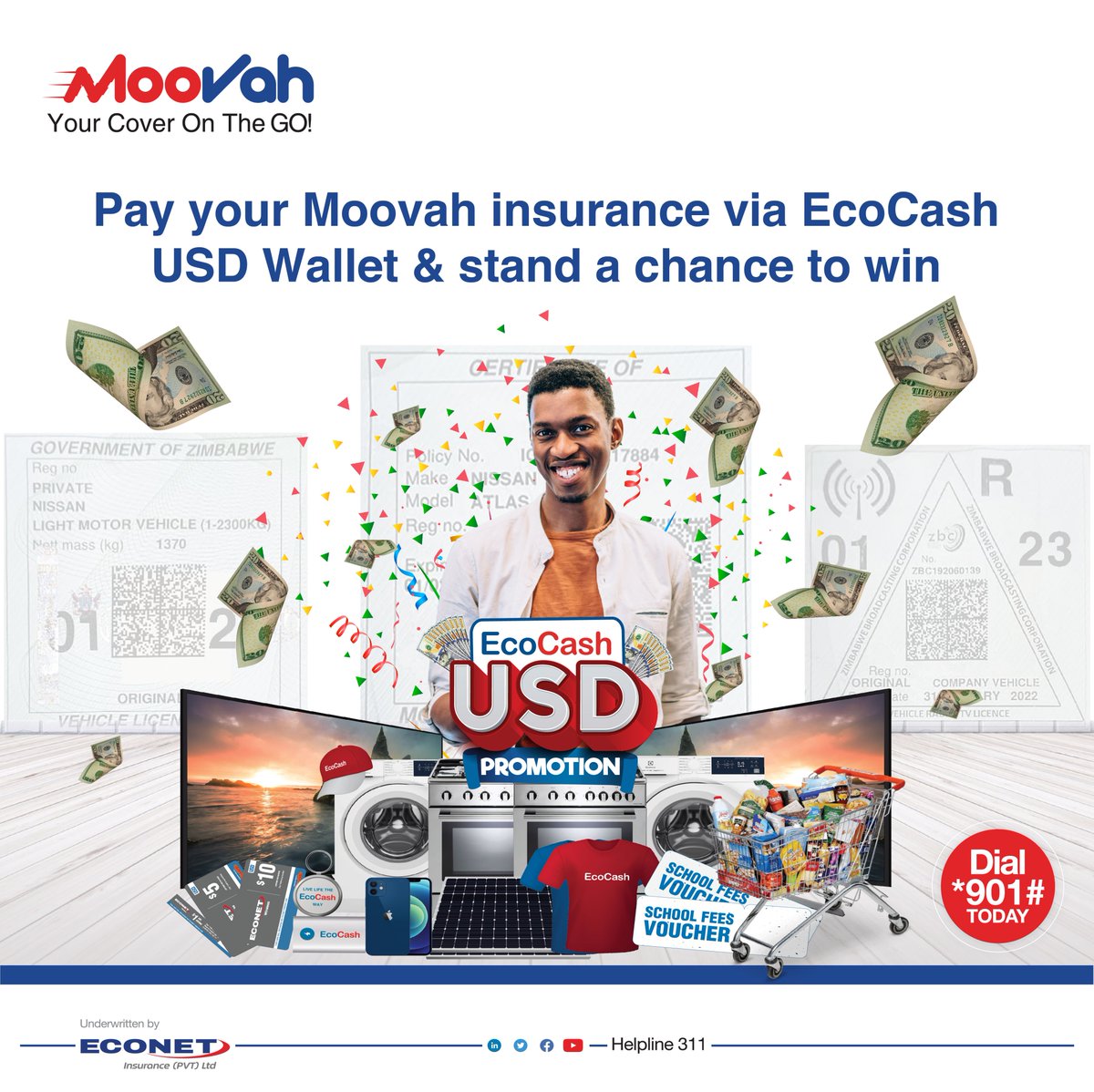 MoovahZim's tweet image. Stand a chance to Win loads of prizes in the Ecocash USD Promotion when you renew your vehicle insurance via your Ecocash USD Wallet today. Dial *901# to renew or visit your nearest Econet shop or Moovah agent to get covered today.

#Insurance
#USDInsurance