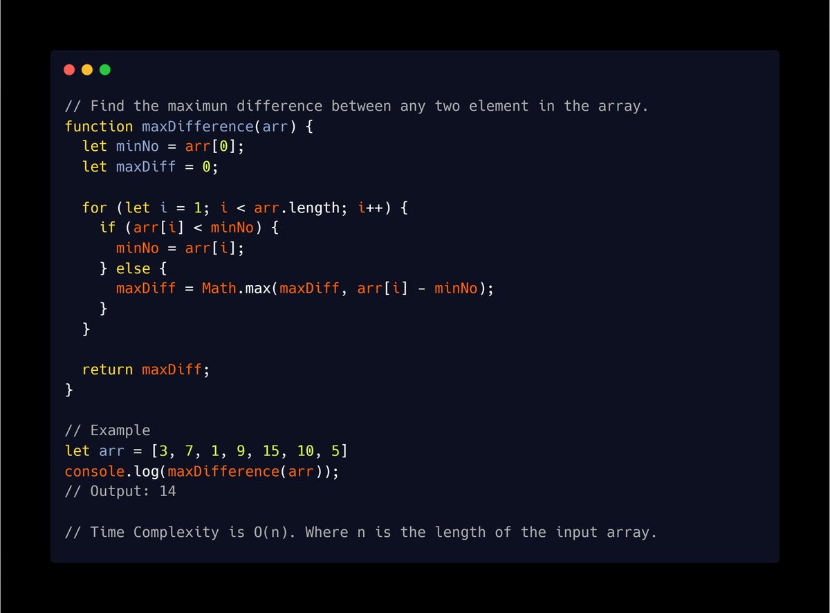 Prabhu933's tweet image. Find the maximum difference between any two elements in the given array.
#javascript #logicalprogramming #dsa