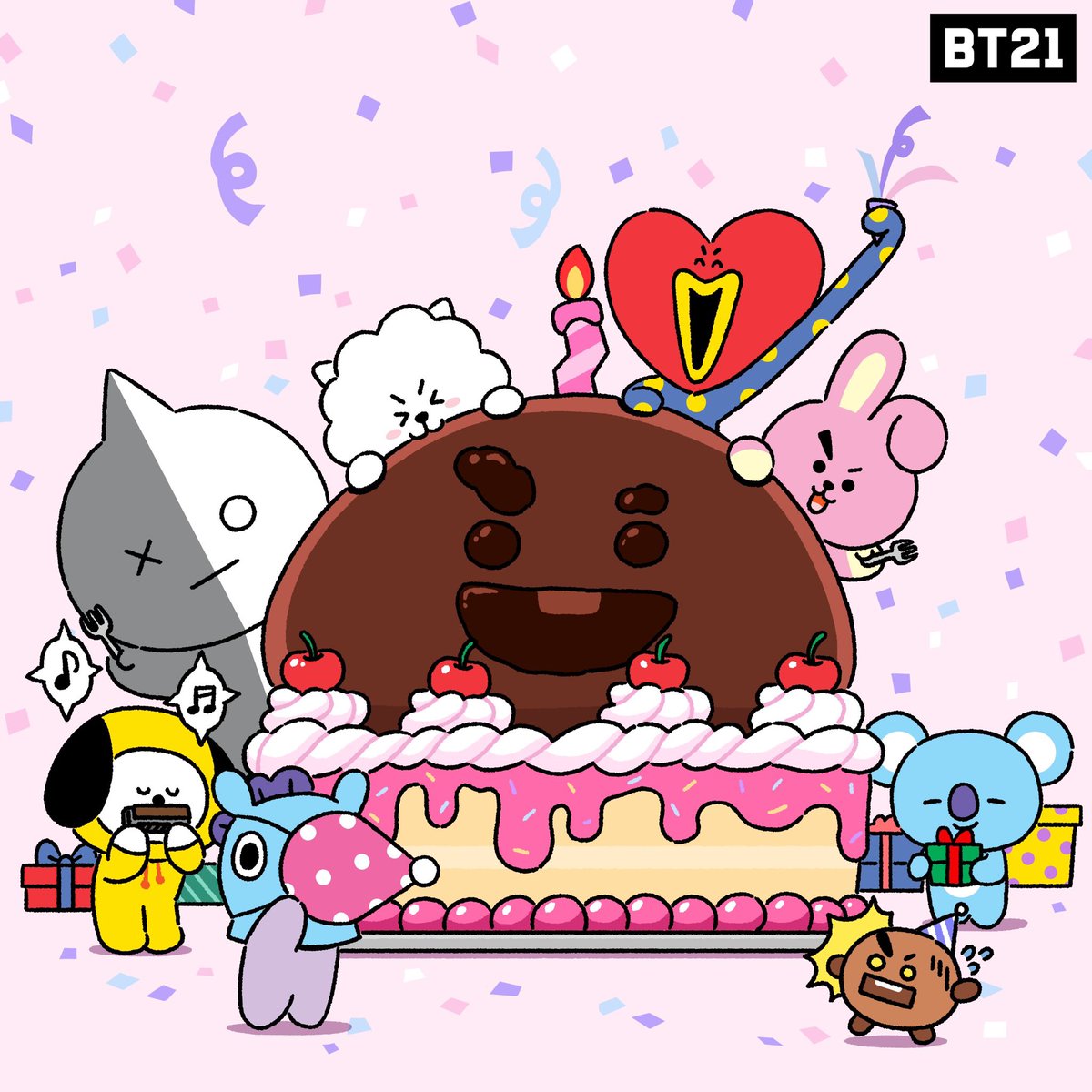 Wait, It's all cake? 
RJ : Big Bite(?!) 😳
UNISTARS do you want to have a bite too?
Today is SHOOKY's sweetest day 💕🎂🍪

#BT21 #SHOOKY #cake #mukbang