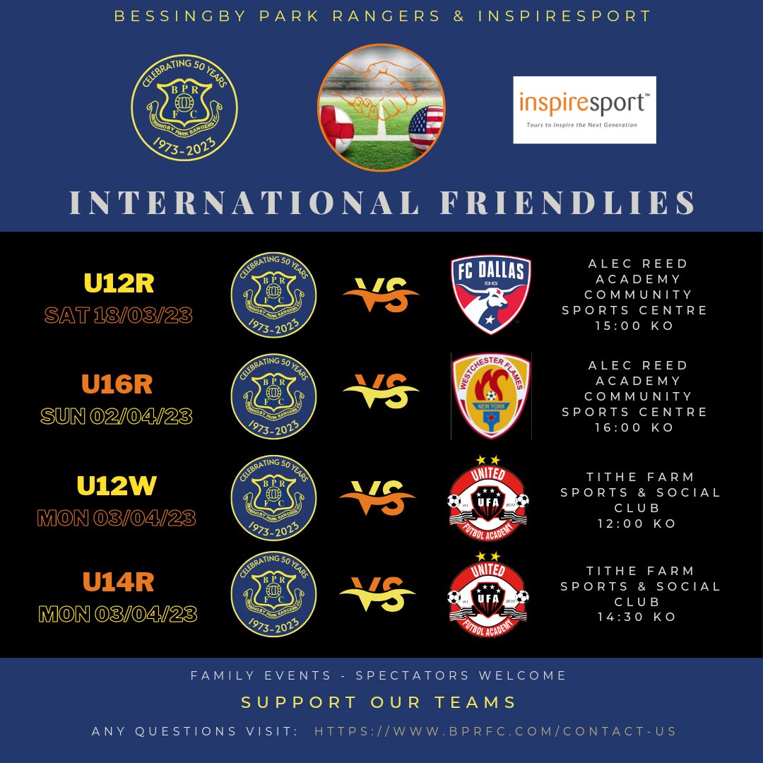 <a href="/BPR_FC/">Bessingby Park Rangers FC</a> are pleased to announce we have partnered with <a href="/inspiresport/">inspiresport</a> to provide our teams with a new platform to play friendly matches against teams from the USA. It's a unique development opportunity for our kids &amp; we welcome family supporters down to the games. #🏴󠁧󠁢󠁥󠁮󠁧󠁿🤝🇺🇸