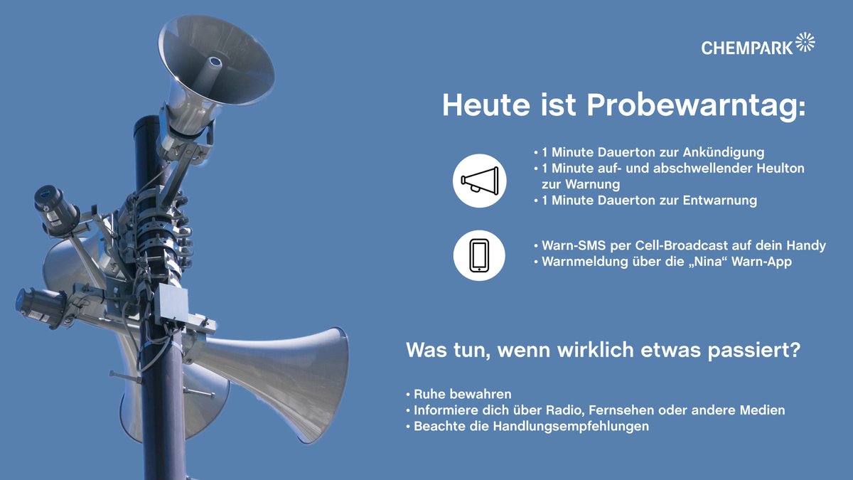 CHEMPARK's tweet image. Kleiner Reminder: Heute ist landesweiter #Warntag. Um 11 Uhr heulen wieder die #Sirenen. 📢

Alle Infos zu Sirenen bekommt ihr auf der Seite des Innenministeriums 👉 im.nrw/themen/gefahre…

#Probealarm #Warnung #Sicherheit