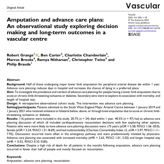 CLARITY (@clarityresearch) on Twitter photo New <a href="/CLARITYresearch/">CLARITY</a> article
📢 Amputation and advance care plans: decision making and long-term outcomes in a vascular centre.
Congrats Rob Grange for his first first author paper👏🏼. With <a href="/DrBenCarter/">Ben Carter</a> <a href="/C_A_Chamberlain/">CharlotteChamberlain</a> <a href="/BrooksMedBris/">Marcus Brooks</a> Ramya Nitharsan <a href="/TwineVasc/">Chris Twine</a> @DrPhilipBraude New <a href="/CLARITYresearch/">CLARITY</a> article
📢 Amputation and advance care plans: decision making and long-term outcomes in a vascular centre.
Congrats Rob Grange for his first first author paper👏🏼. With <a href="/DrBenCarter/">Ben Carter</a> <a href="/C_A_Chamberlain/">CharlotteChamberlain</a> <a href="/BrooksMedBris/">Marcus Brooks</a> Ramya Nitharsan <a href="/TwineVasc/">Chris Twine</a> @DrPhilipBraude