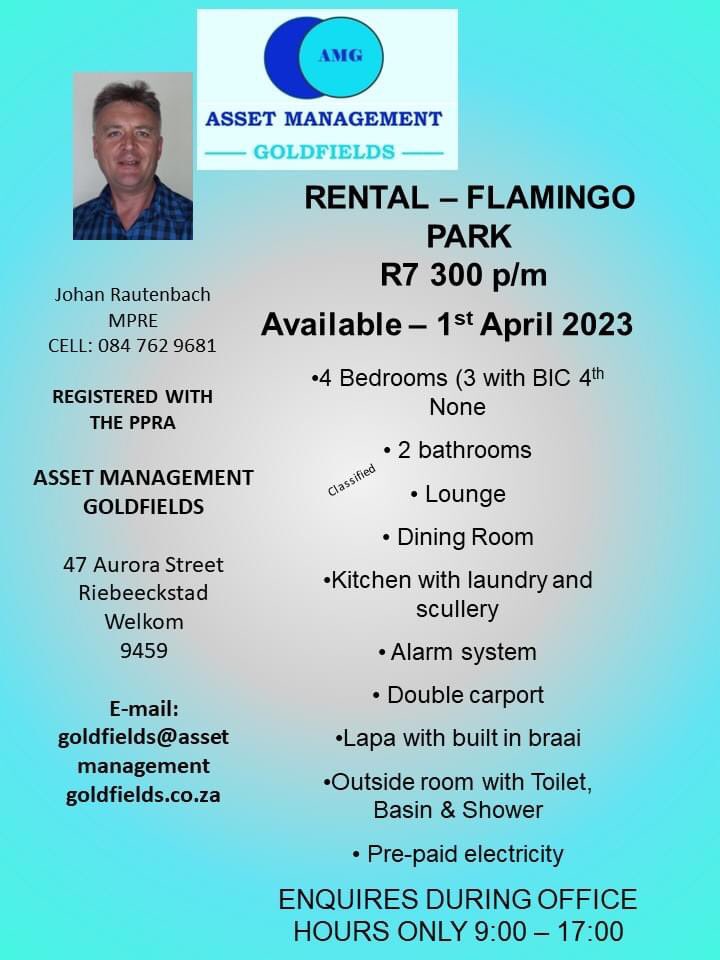 Rental available from 01 April 2023 flamingo park Welkom. Contact 0847629681