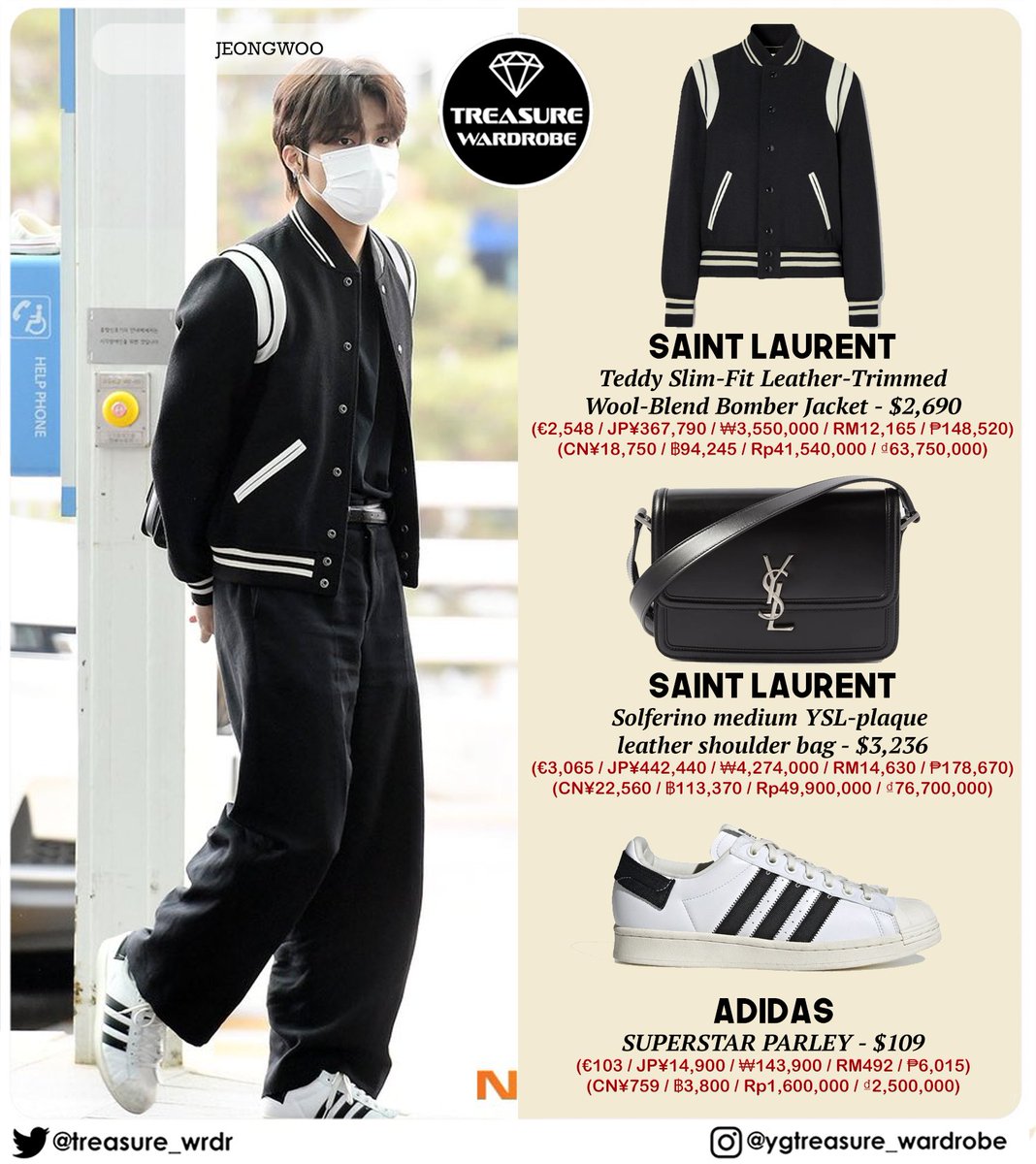JEONGWOO wearing SAINT LAURENT bomber jacket & shoulder bag ADIDAS superstar  parley # #TREASURE # #JEONGWOOWARDROBE #PARKJEONGWOO #  #Jeongwoo_AirportFashion