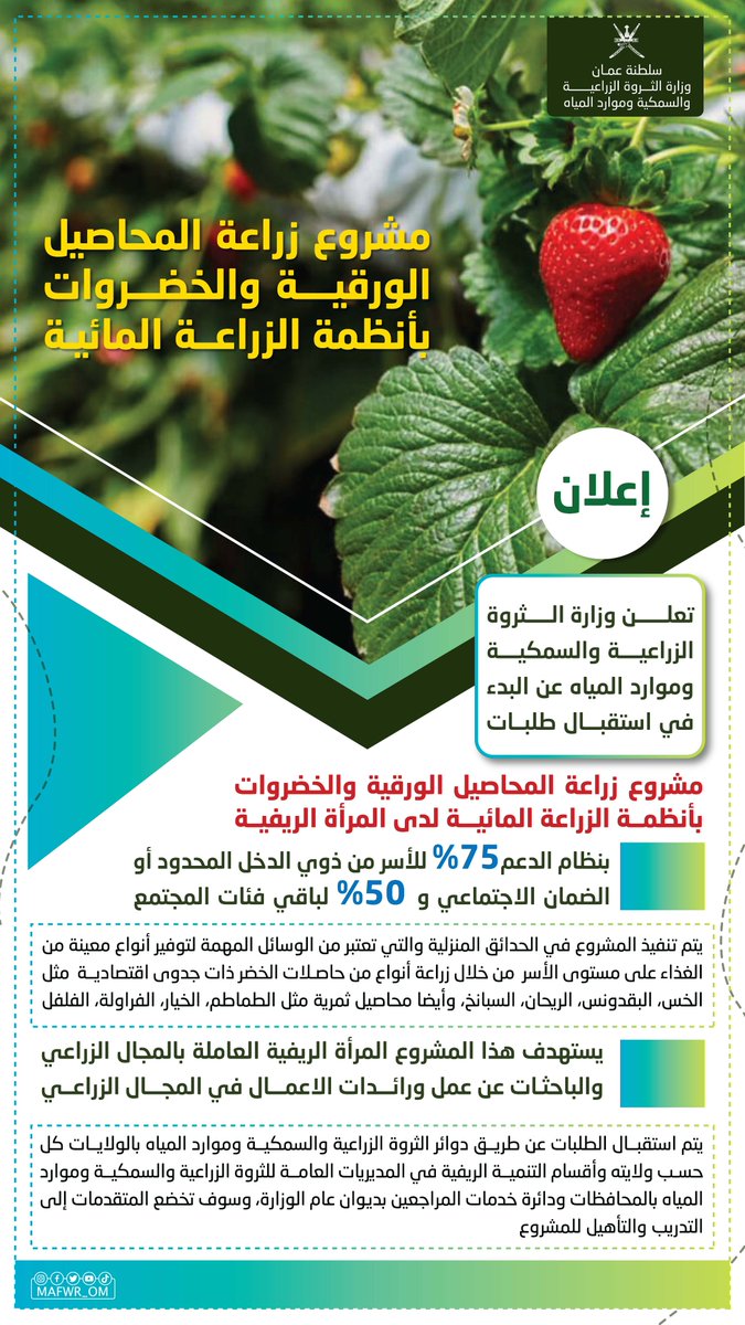 إعلان | 
مشروع زراعة المحاصيل الورقية والخضروات بأنظمة الزراعة المائية لدى المرأة الريفية.