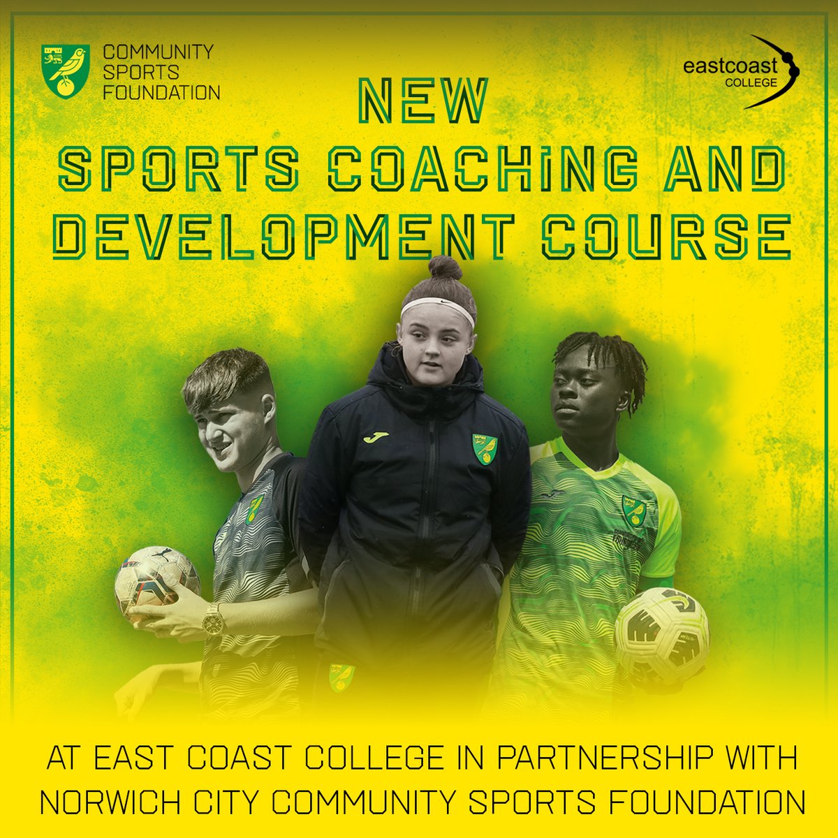 EastCoast_Coll's tweet photo. Our Sports Coaching and Development course offers you the chance to study a diploma in sports alongside coaching and development training with Norwich City Community Sports Foundation – @norwichcitycsf

Apply now! https://t.co/uasMpQlc2v https://t.co/dtnfEQgKjm