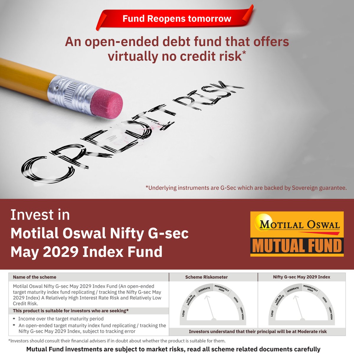 MotilalOswalAMC's tweet photo. A more tax-efficient way to invest in government securities is headed your way tomorrow!
Motilal Oswal Nifty G-sec May 2029 Index Fund reopens on 10th March 2023.
#NiftyGsec #DebtFund #TargetMaturity #GSec #Debt #MotilalOswal #MotilalOswalAMC #ThinkEquityThinkMotilalOswal https://t.co/5a1s9rhK8X
