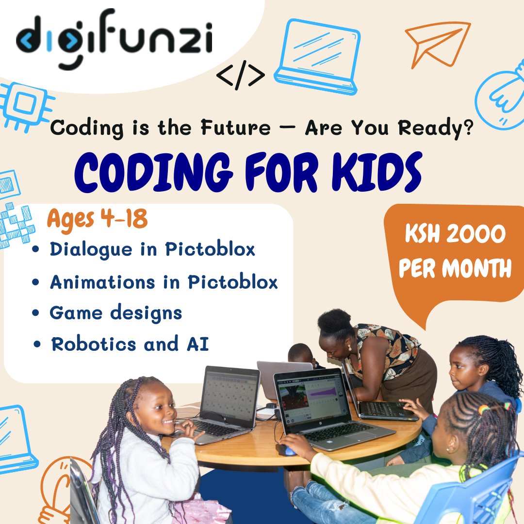 digifunzi's tweet image. Kids can code!
Coding will soon be as important as reading!
Coding is a creative and innovative skill that can be learned by anyone including kids!
Call us on 0790252523 to enroll your child today.
#digitalskills #youngcoders #girlpower #Kenya #MH370 #priscamwaro #code #coding