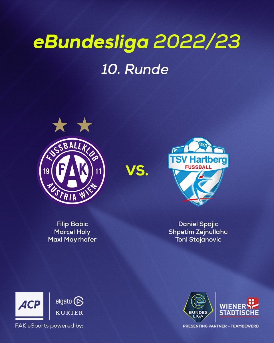 🎮 Heiße Phase in der <a href="/eBundesliga_at/">eBundesliga</a> 🔥

<a href="/FAK_eSports/">Austria Wien eSports</a> kann heute den Einzug in die Meistergruppe fixieren: <a href="/Juno16x/">Marcel</a>, <a href="/FAK_Maxi/">Maxi</a> und <a href="/FIFAFICO/">FIFAFico</a> treffen am Abend auf den <a href="/tsv_hartberg/">TSV Hartberg Fußball</a>. 🙌💜

💻 Alle Highlights gibt's ab 18:30 Uhr bei <a href="/LAOLA1_at/">LAOLA1</a>

#faklive #FAK #eBundesliga
