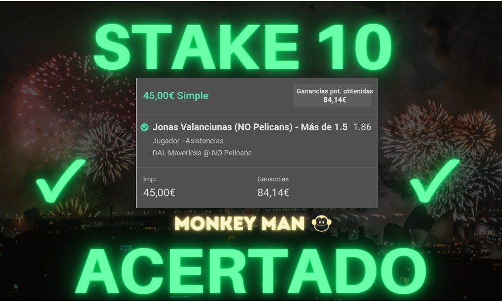 Monkeymantips's tweet photo. No paramos un Stake 10 tras otro #bet #Apuestas #apuestasdeportivas #dinero #MONEY #Deportes #NBA #futbol #tipster https://t.co/Dms9Y0cfn8