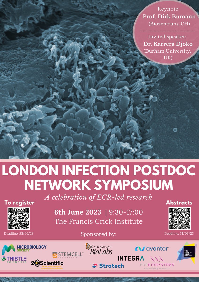 🚨Its here!🚨 
Info on LIPNs first postdoc network symposium
6th June 09:30-17:00
Francis Crick Institute <a href="/TheCrick/">The Francis Crick Institute</a> 
Keynote: prof Dirk Bumann <a href="/BumannLab/">BumannLab</a> 

Save the date, submit an abstract (10min talks) and register for free 🥳 here: londoninfection.wixsite.com/home/lipn