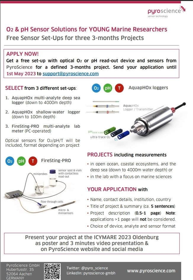 Are you looking for underwater sensors for YOUR next research project? Then apply now to the #Pyroscience call! @Pyro_Science manufactures sensor solutions for underwater applications and supports the ICYMARE Conference for Young Marine Researchers. #marinescience #ICYMARE2023