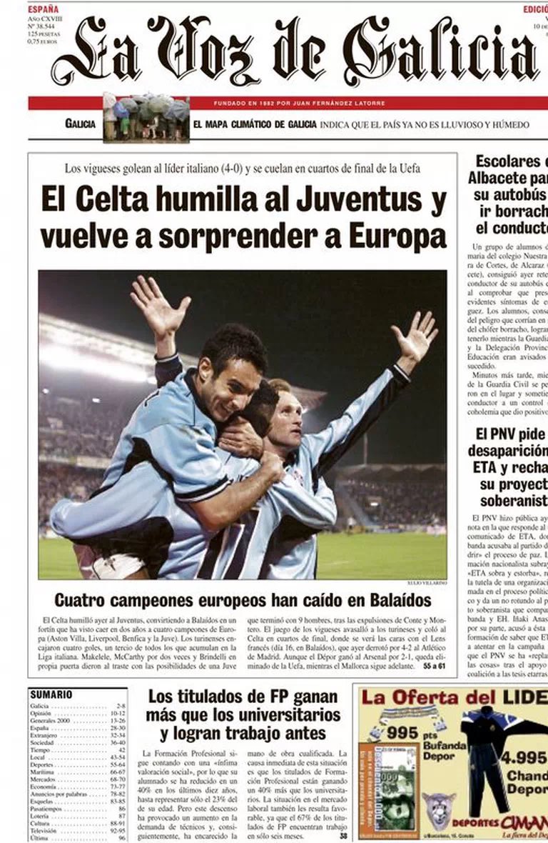 Se cumplen 23 años del histórico 4-0 del <a href="/RCCelta/">Celta</a> a la Juventus. 

Víctor Fernández salió con este XI: 
Pinto, Celades, Cáceres, Sergio, Juanfran, Makelele, Giovanella, Karpin, Mostovoi, Gustavo López y Benni McCarthy.