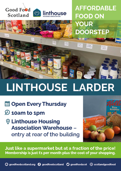 LinthouseHA's tweet photo. REMEMBER - the Linthouse Community Larder is open today between 10am and 1pm in @LinthouseHA offices in Cressy Street (in the warehouse at the back of the office) https://t.co/xtSalSYt9O