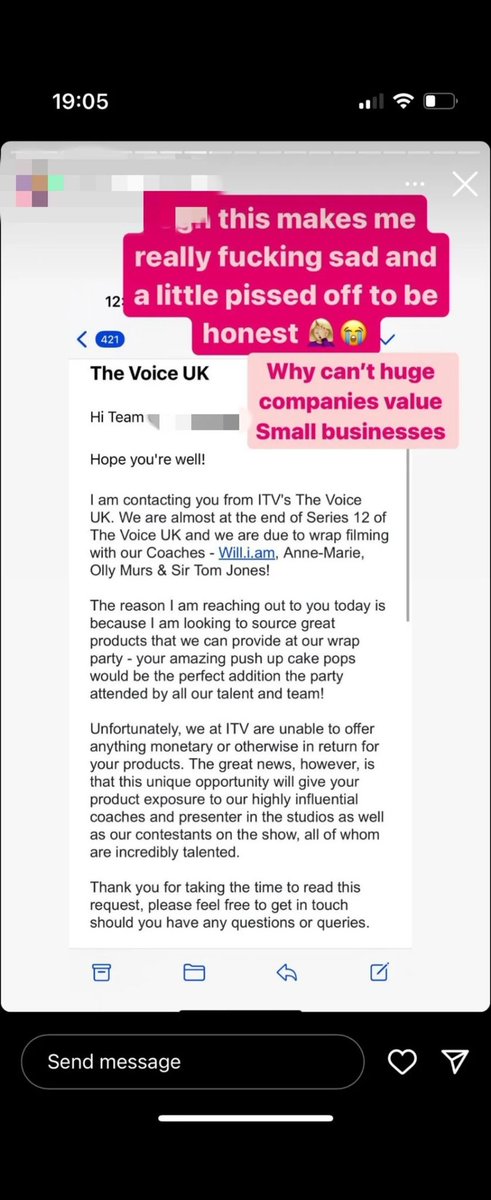 This is sad. Multi million pound companies like <a href="/ITV/">ITV</a>, and global singers like <a href="/ollymurs/">Olly Murs</a>, <a href="/iamwill/">will.i.am</a>, <a href="/RealSirTomJones/">Tom Jones</a> and <a href="/AnneMarie/">ANNE-MARIE</a> and no one can pay a few quid and support a local business.
When banks take exposure as mortgage payments then maybe more people will do this. #payup