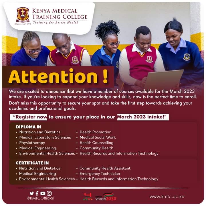 Looking to further your education and pursue a career in the healthcare field? KMTC offers a variety of courses that can help you achieve your goals.

Few of the remaining courses available for the current intake.
@Kmtc_official

#WeareKMTC #KMTCat96 #ForeverKMTC #GoingtoKMTC