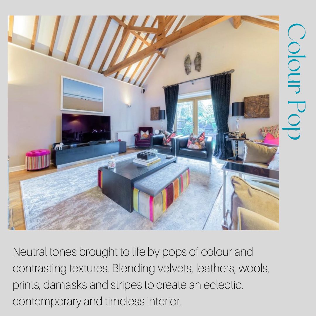 A barn conversion re-imagined. Maintaining a monotone neutral base whilst adding pops of colour and layering of textures creates a contemporary space #barn #barnconversion #livingroom #living #texture #vaultedceiling #contemporary #monotone #bespoke #openplan #interior #design