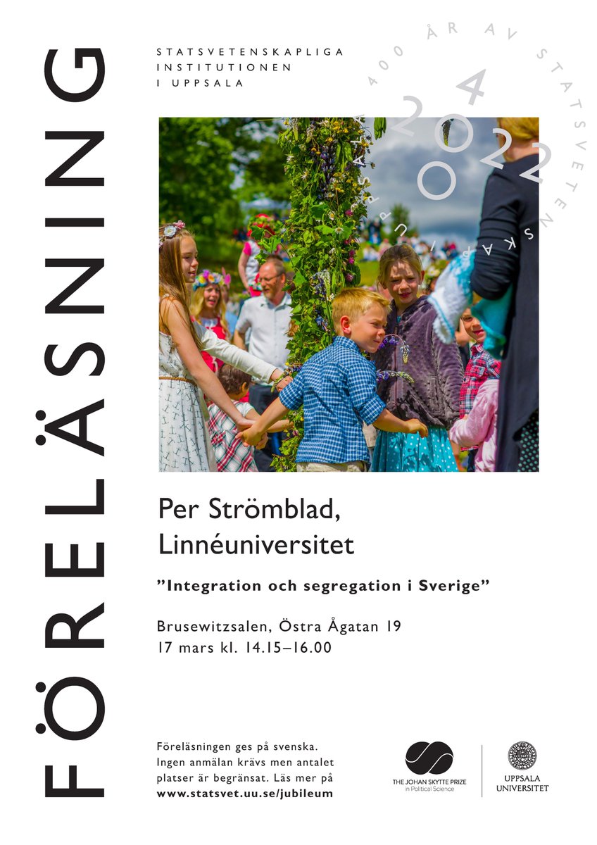 UU_PoliSci's tweet image. Next Friday it is time for our final jubilee lecture. This time, Per Strömblad will give a talk on integration and segregation in Sweden. As always, the event is free and open to all. Join us in Bruzewitzsalen at 14:15. 🇸🇪 #400yearsPolSciUppsala
statsvet.uu.se/jubilee/evenem…