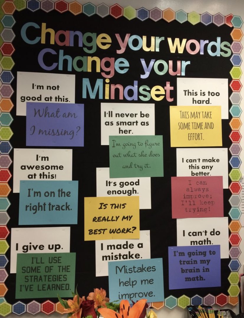 missiesharleen's tweet photo. No matter what age, growth mindsets are the key to ensuring students continue to develop a love of learning. I would love to have a display like this in my classroom in the future to inspire my students to view their intelligence as malleable. #acuedu_p https://t.co/sxkIUss8cs