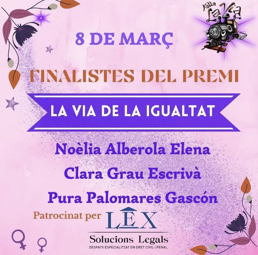 Seguim amb més bones notícies. La nostra fallera Clara és finalista de la 3a edició del premi La Via de la Igualtat. El diumenge sabrem el nom de la guanyadora. ⚖️ Enhorabona a les tres finalistes! 💪🏻
<a href="/fallalavia/">Falla La Via</a> 
<a href="/FallaPrado/">Falla Prado</a> 
<a href="/La_Dula/">Falla la Dula</a>