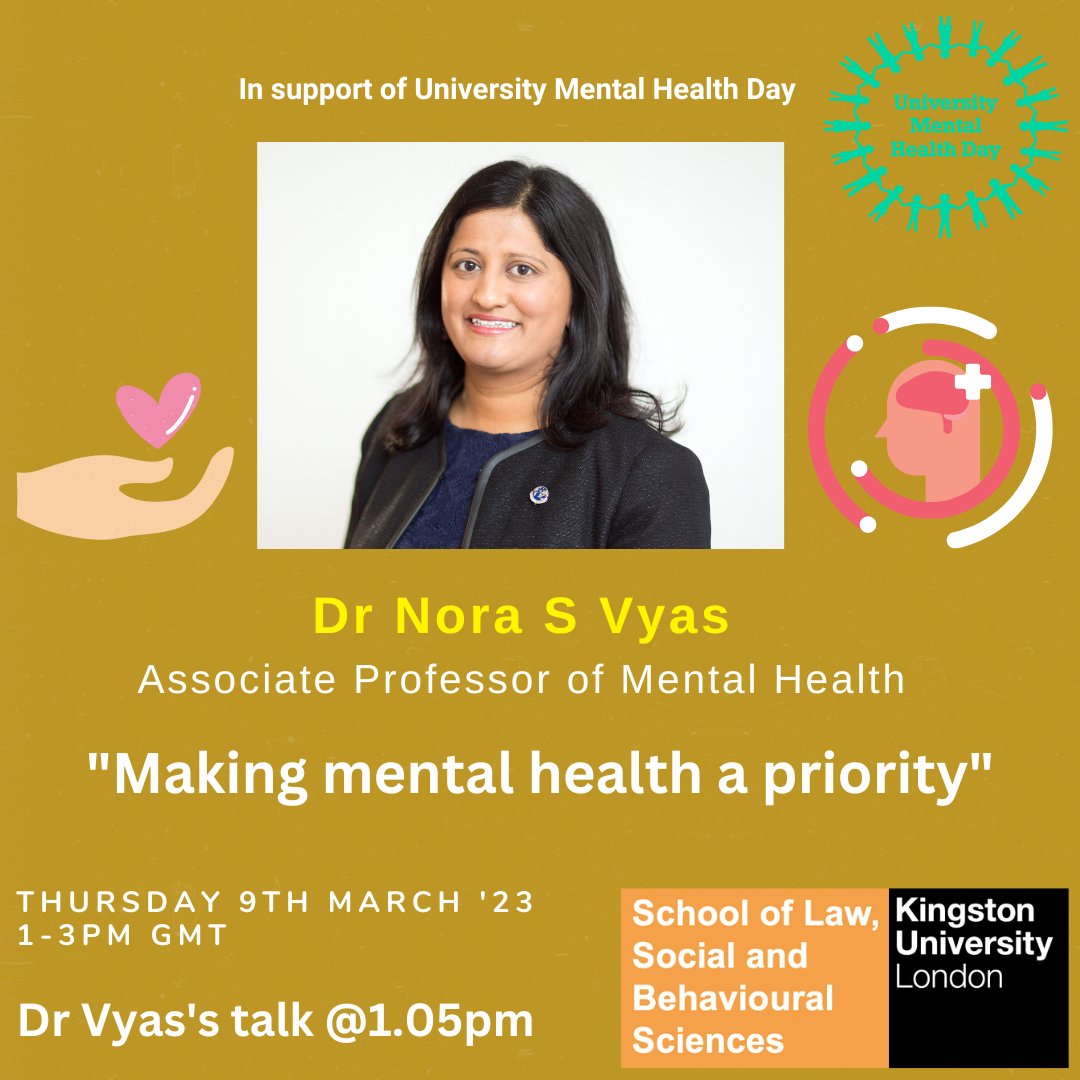 🚨On #UniMentalHealthDay @KingstonUni Dr Nora Vyas will share a message about the importance of making #mentalhealth a priority in everyday life 💙. Free online event. Pls RT @UMHANUK @StudentMindsOrg @union_kingston @kingstonalumni @KUpsychology .Join us: teams.microsoft.com/l/meetup-join/…