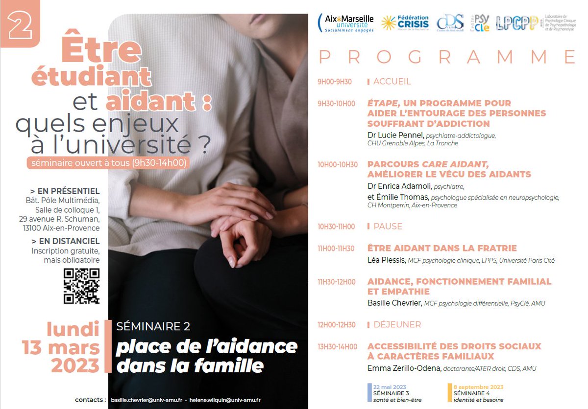 Pour en apprendre davantage sur les #jeunesaidantsétudiants, rendez-vous lundi pour un séminaire dédié à la place de l'aidance dans la famille. Inscription gratuite : etudes.centrepsycle-amu.fr/index.php/1728…