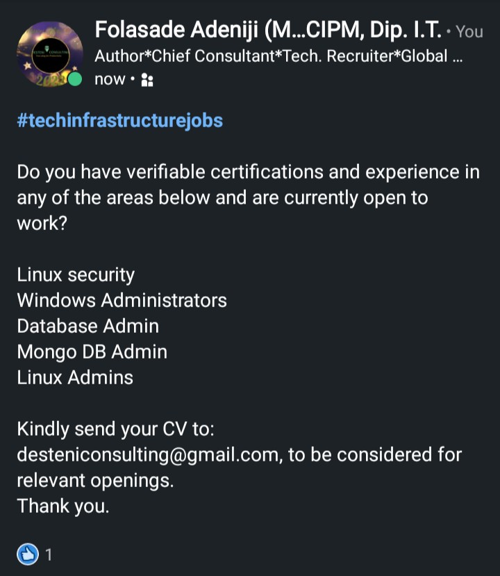 Qnfolasadenji's tweet image. #hiring #techinfrastructure #LagosNigeria