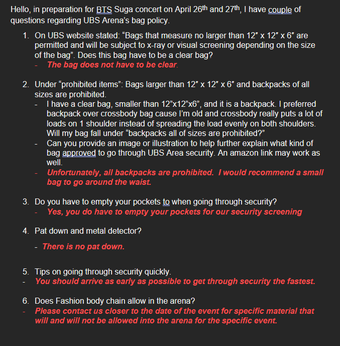 BTSMerchUpdates's tweet photo. Suga | Agust D Tour UBS Arena Q&amp;A about bags and security
- Bags do not have to be clear
- All backpacks are prohibited
- There is no pat down 
@UBSArena https://t.co/QuUjyJLxoI