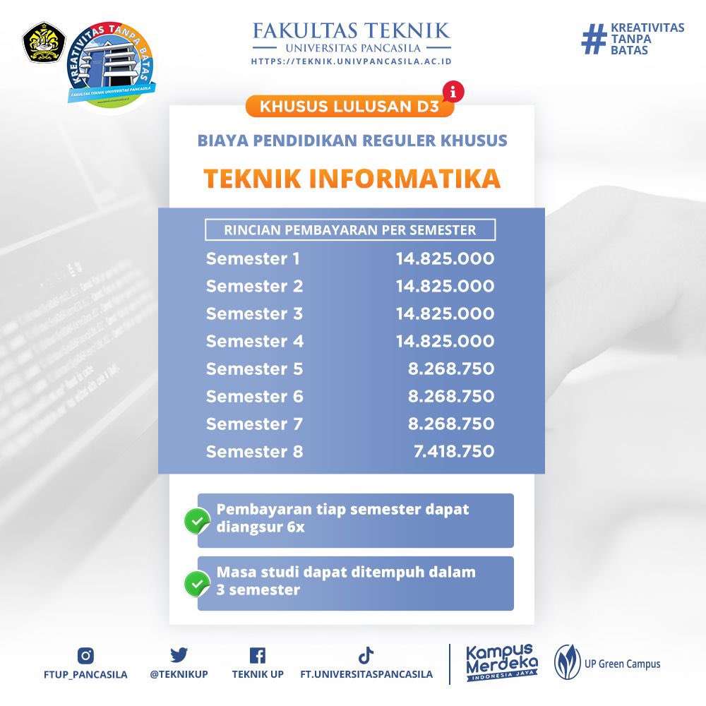TeknikUp's tweet image. Kamu lulusan D3 dan ingin lanjut kuliah Teknik Informatika? Di FTUP aja! Daftar dan bergabung dengan Fakultas Teknik Universitas Pancasila via online melalui pmb.univpancasila.ac.id
atau hubungi ke nomer 0812 9652 577 (Aruan).
#FTUP #KreativitasTanpaBatas #TeknikInformatika