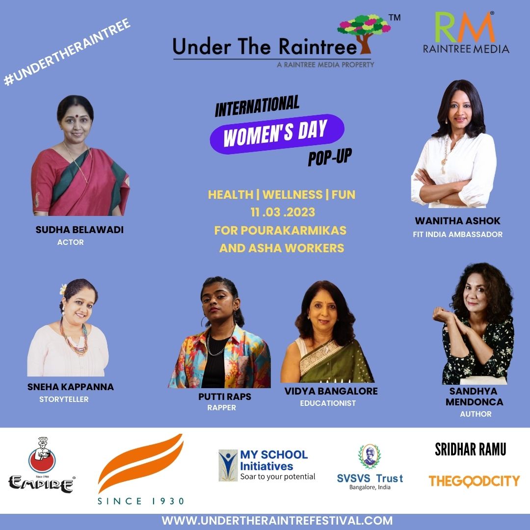 UTRaintree's tweet photo. Under The Raintree women's cultural festival 
pop-up coming up this Saturday! 
@SudhaBelawadi @BangaloreVidya @wanithaashok Sneha Kappanna, Putti Raps
 @HimalayaIndia Empire restaurants @raintreemedia @adityamendonca @sandhyamendonca 
#InternationalWomensDay #undertheraintree https://t.co/EyBPpZ3xeM