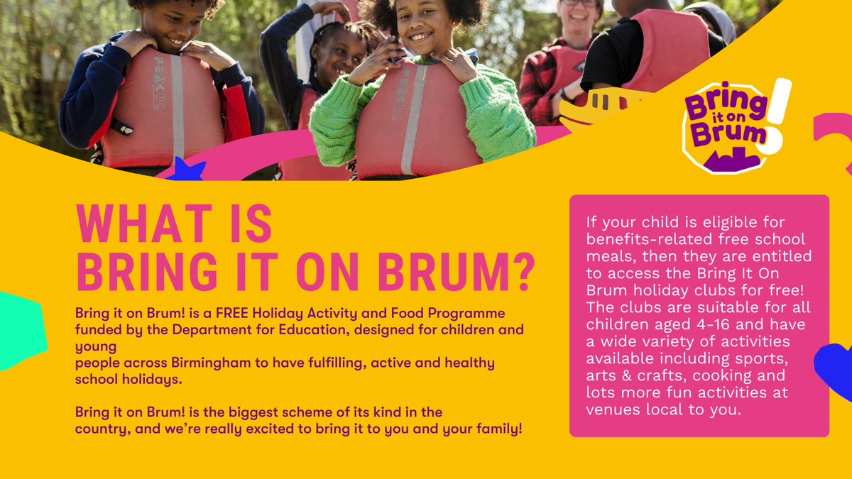 Bring It On Brum holiday clubs are designed for children who are eligible for benefits-related free school meals. Bring It On Brum is the biggest scheme of its kind in the country! #BringItOnBrum