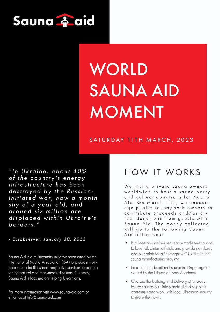 Our friends at Sauna Aid are doing great work also providing saunas to Ukraine. Let's support their initiative on Saturday by hosting sauna events and collecting donations for them. Learn more at sauna-aid.com.
