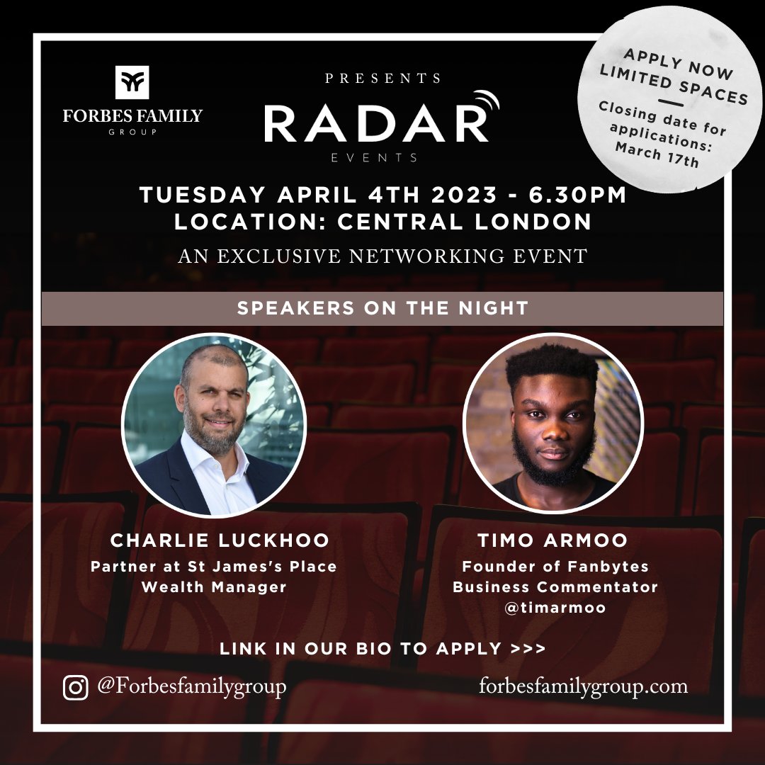 Apply now for our very first Radar #NetworkingEvent of 2023! Taking place on Tuesday, 4th April 2023 at 6:30pm in Central London.

Closing date for applications: 17th March 2023

forbesfamilygroup.com/radar-event-tu…

#FFG 
#forbesfamilygroup 
#dogooddomore