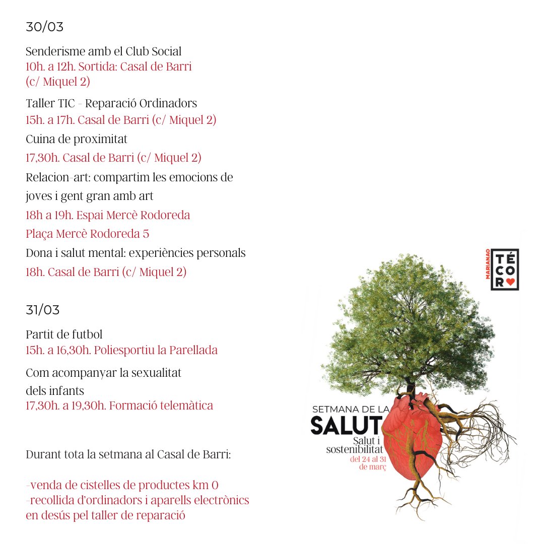 En el marc del Dia Mundial de la Salut i de l'Activitat Física, Marianao Té Cor ha impulsat la Setmana de la Salut al barri💚

No et perdis les activitats i tallers gratuïts que impulsen organitzacions i recursos del barri!

INSCRIPCIONS ⬇️
docs.google.com/forms/d/e/1FAI…

#marianaotécor