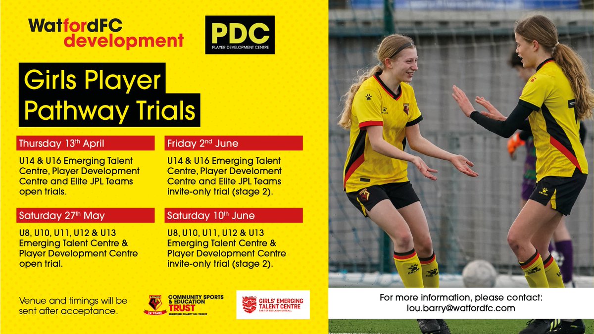 ⚽️Girls Player Pathway Trials
👉 Sign up: forms.office.com/e/da0rMCtx6t
📧For more information contact Lou.Barry@watfordfc.com

#watfordfc | <a href="/WatfordFC/">Watford Football Club</a>