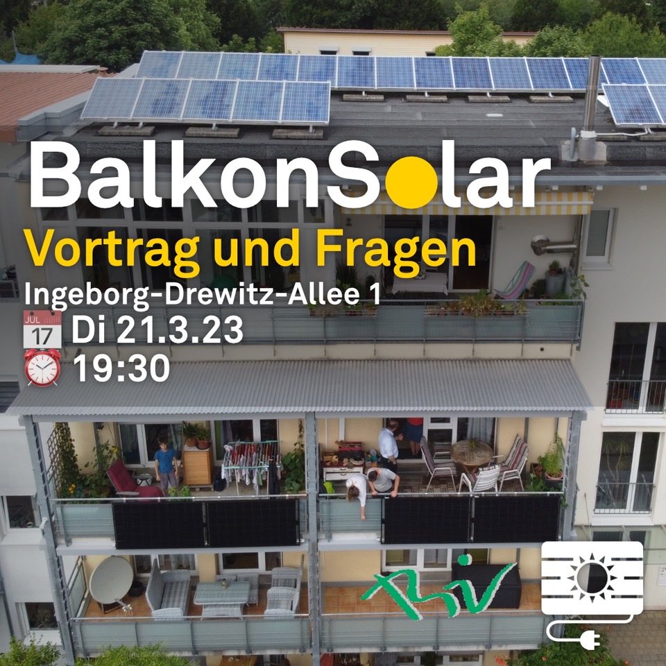 #Balkonsolar im #Rieselfeld
Vortrag und Fragen
 📍Ingeborg-Drewitz-Allee 1 📅  Di 21.3.23 ⏰  19:30

#Freiburg <a href="/Rieselfeld_BIZ/">Rieselfeld.BIZ</a> #Energiewende