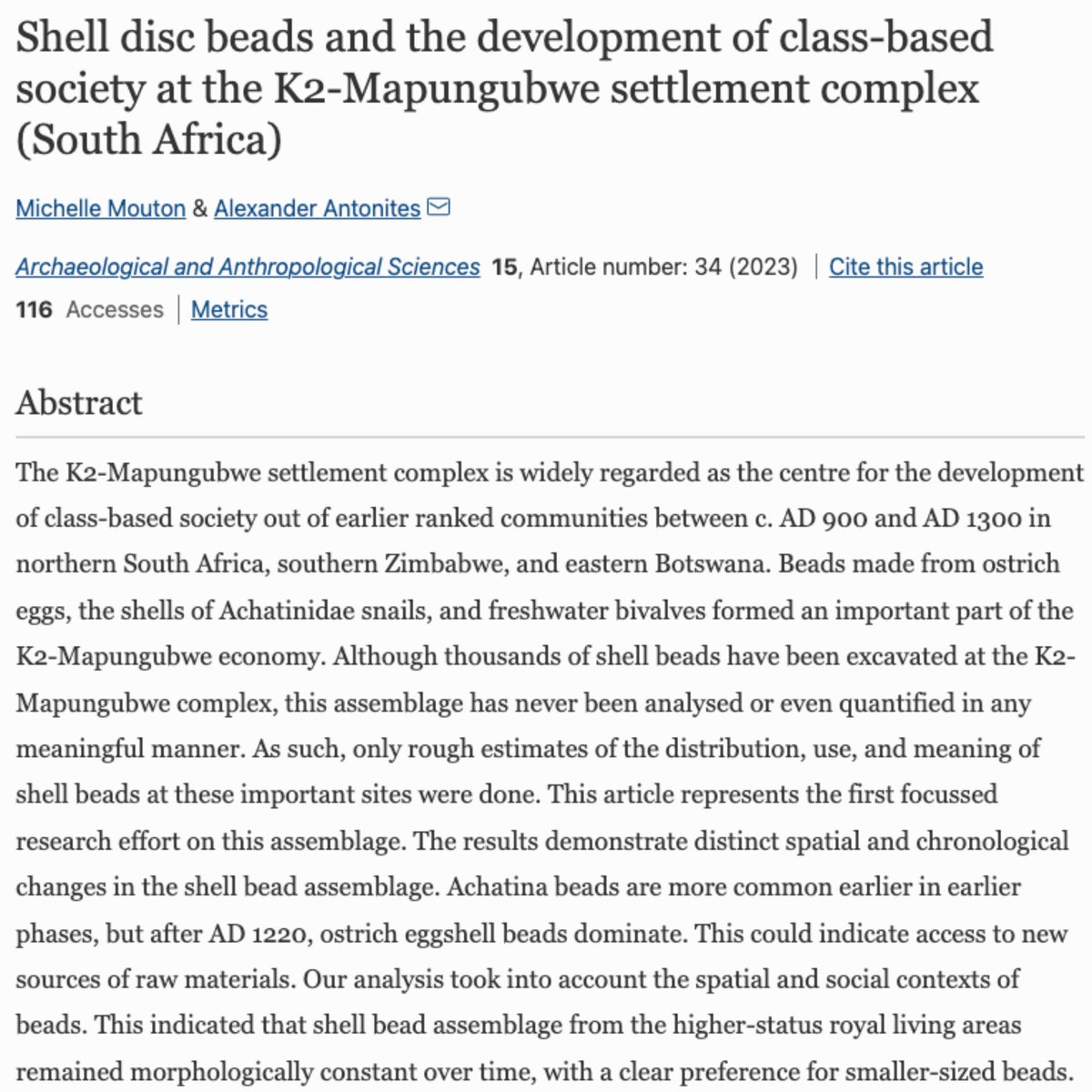daads_at_up's tweet image. NEW PUBLICATION | 🥳📄

Our very own Archaeology PhD student, Michelle Mouton, recently had her article published on shell disc beads 🙌🏽📚🌍 

Read her article here: link.springer.com/article/10.100…

Congratulations, Michelle!👏🏽 

#Flyatup #universityofpretoria #tuksofniks #TheUPWay