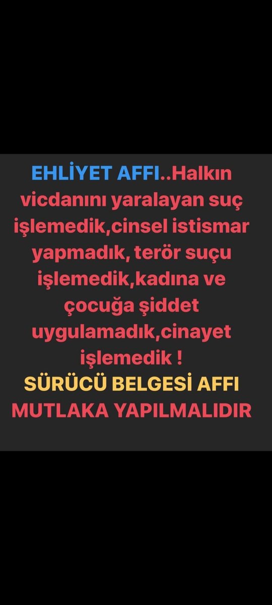 Syn

<a href="/RTErdogan/">Recep Tayyip Erdoğan</a> 
<a href="/mustafaelitas/">Mustafa Elitaş</a> 
<a href="/celebimehmeta/">Mehmet Ali Çelebi</a> 
Ve 
<a href="/Akparti/">AK Parti</a> <a href="/AkpartiAnkara/">AK Parti Ankara</a> <a href="/akpartiistanbul/">AK Parti İstanbul</a> 

■ÇALMADIK,ÇIRPMADIK
■NE KAMUYA,NE BİR VATANDAŞA NE ZARAR VERDİK,NE DE SAYGISIZLIK ETTİK.

ÖLÜMLÜ KAZA HARİÇ HERKESE AYRIMSIZ #EhliyetAffı İÇİN ARTIK GEÇ BİLE KALINDI #ŞoförüÜzme