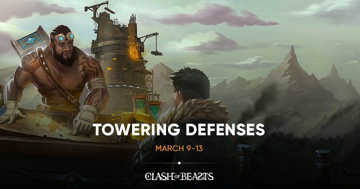 Greetings, Mercenaries! The time is right to fortify our city, preparing for the onslaught of our foes. 

Towering Defenses runs from Thursday, March 9, 10AM (UTC) to Monday, March 13, 10AM (UTC). 

Read more here: clashofbeasts.com/towering-defen…