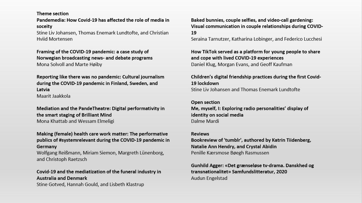 MedieKultur_'s tweet photo. The issue contains great contributions by Mona Solvoll, Marte Høiby, Maarit Jakkola, Mona Khattab, Wessam Elmeligi, Wolfgang Reißmann, Miriam Siemon, Margreth Lünenborg, Christoph Raetzsch, Stine Gotved, Hannah Gould, @klast, @xeraina1, @KLobinger, Frederico Lucchesi... [2/3] https://t.co/zp9OddPttH