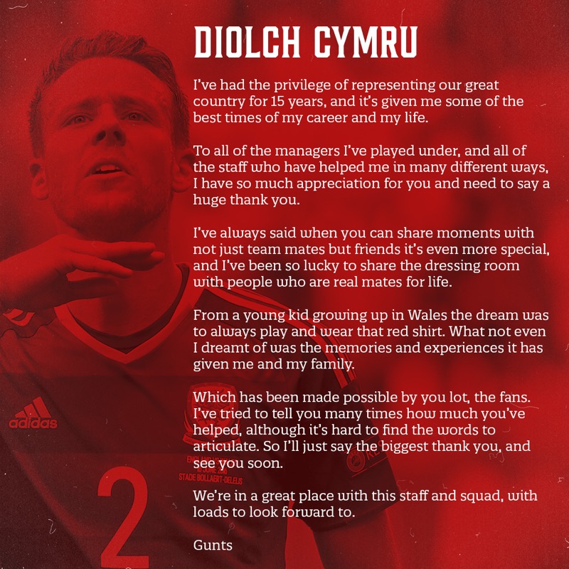 FAWales's tweet photo. 🏴󠁧󠁢󠁷󠁬󠁳󠁿 @Chrisgunter16 has today announced his retirement from the @Cymru Men's National Team.
 
#DiolchChris ❤️
