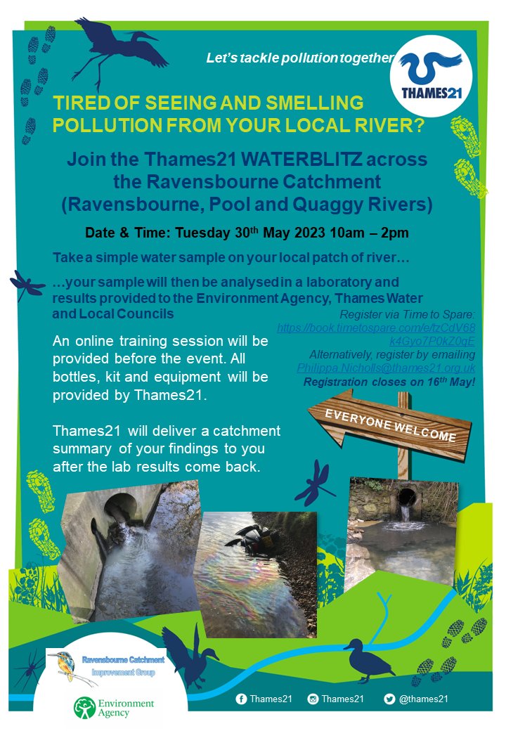 📢Help us find pollution hotspots in rivers across <a href="/LewishamCouncil/">Lewisham Council</a>  <a href="/LBofBromley/">Bromley Council</a>  <a href="/Royal_Greenwich/">Royal Borough of Greenwich</a>  and  <a href="/yourcroydon/">Your Croydon</a> ! 🔎🐟
Tuesday 30th May during #LondonRiversWeek23
Sign up here: book.timetospare.com/e/tzCdV68k4Gyo…
Let's tackle pollution together 💪 
<a href="/Thames21/">Thames21</a> <a href="/EnvAgency/">Environment Agency</a>
