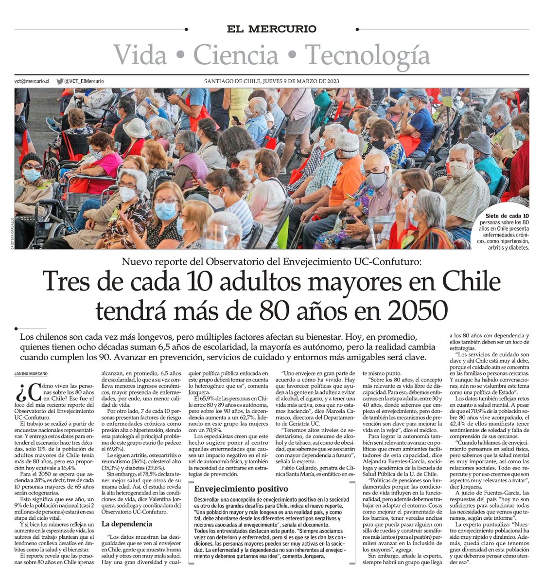 VCT_ElMercurio's tweet photo. Tres de cada 10 adultos mayores en Chile tendrá más de 80 años en 2050. Los chilenos son cada vez más longevos, pero múltiples factores afectan su bienestar, según nuevo reporte del Observatorio del Envejecimiento UC-Confuturo. #VCTElMercurio https://t.co/c1IL4351yO https://t.co/bBwCb30xjM